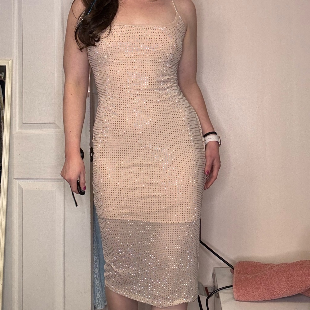 Bebe Sparkle Square Neck Midi Dress in Nude Tan Size Large Silver Rhinestone - Picture 2 of 11